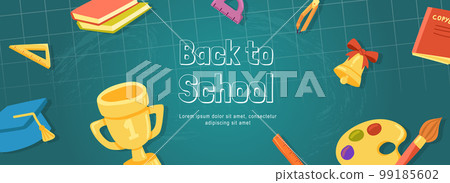 Back to school horizontal web banner. Ruler, books, golden cup, graduation cap, compasses, bell, notebook, brush, other supply. Vector illustration for header website, cover templates in modern design 99185602