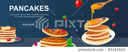 Pancakes horizontal web banner. Sweet pancakes with honey or syrup, bananas and berries for breakfast or delicious cafe menu. Vector illustration for header website, cover templates in modern design Pancakes horizontal web banner. Sweet pancakes with honey or syrup, bananas and berries for breakfast or delicious cafe menu. Vector illustration for header website, cover templates in modern design 99185604