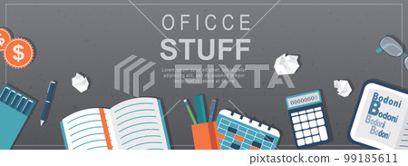 Office stuff horizontal web banner. Notepad, pens, calendar, calculator, and other stationery and supply at workplace desktop. Vector illustration for header website, cover templates in modern design Office stuff horizontal web banner. Notepad, pens, calendar, calculator, and other stationery and supply at workplace desktop. Vector illustration for header website, cover templates in modern design 99185611