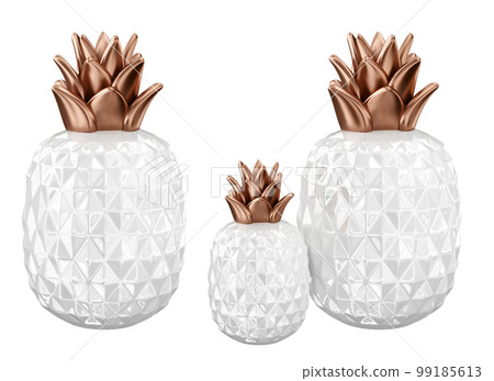 Home decor and accents. White ceramic pineapple set with copper leaves. Home decorative accessories. Isolated interior object. 3d rendering Home decor and accents. White ceramic pineapple set with copper leaves. Home decorative accessories. Isolated interior object. 3d rendering 99185613