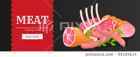 Meat horizontal web banner. Pork, beef, knuckle, ribs, sausage, steak, other fresh raw products in butcher market assortment. Vector illustration for header website, cover templates in modern design Meat horizontal web banner. Pork, beef, knuckle, ribs, sausage, steak, other fresh raw products in butcher market assortment. Vector illustration for header website, cover templates in modern design 99185614