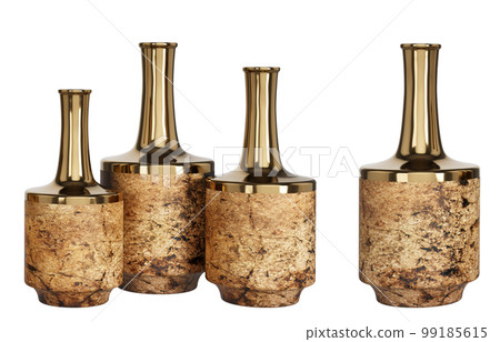 Home decor and accents. Vintage ceramic or glass bottles set with copper top. Home decorative accessories. Isolated interior object. 3d rendering Home decor and accents. Vintage ceramic or glass bottles set with copper top. Home decorative accessories. Isolated interior object. 3d rendering 99185615