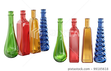 Home decor and accents. Vibrant, multicolored glass bottles set. Home decorative accessories. Isolated interior objects over white. 3d rendering Home decor and accents. Vibrant, multicolored glass bottles set. Home decorative accessories. Isolated interior objects over white. 3d rendering 99185618