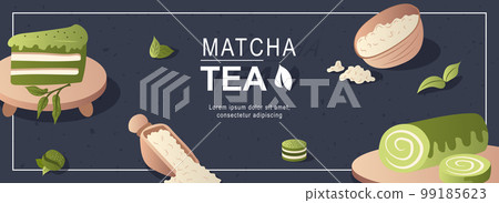 Matcha tea horizontal web banner. Green cake, powder in scoop and bowl, rolls, leaves of traditional japanese healthy drink. Vector illustration for header website, cover templates in modern design 99185623