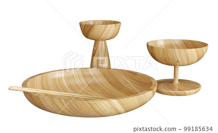 Wooden plate or bowl with chopsticks isolated. Wooden decorative glasses set. Kitchen decor and accents. Home decorative accessories. 3d rendering Wooden plate or bowl with chopsticks isolated. Wooden decorative glasses set. Kitchen decor and accents. Home decorative accessories. 3d rendering 99185634