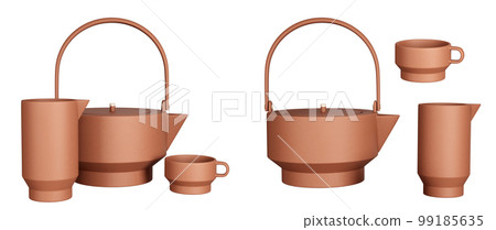 Clay teapot, jug and cup isolated. Kitchen decor and accents. Home decorative accessories. Isolated interior object. 3d rendering 99185635