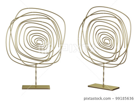 Gold metal contemporary abstract sculpture. Wire spin figurine. Home decor and accents. Home decorative accessories. Isolated interior object. 3d rendering, 99185636