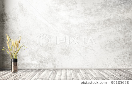 Empty interior background of room with gray stucco or concrete wall. Decorative vase with grass. 3d rendering Empty interior background of room with gray stucco or concrete wall. Decorative vase with grass. 3d rendering 99185638