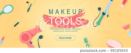 Makeup tools horizontal web banner. Hair dryer, lipstick, mirror, pencil, mascara, curling iron, nail polish, powder, brush. Vector illustration for header website, cover templates in modern design Makeup tools horizontal web banner. Hair dryer, lipstick, mirror, pencil, mascara, curling iron, nail polish, powder, brush. Vector illustration for header website, cover templates in modern design 99185643