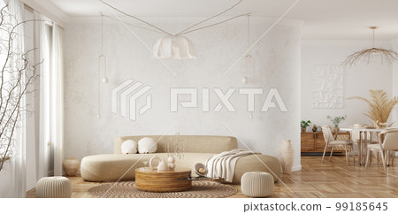 Interior design of modern scandinavian apartment, living room with beige sofa and dining room, panorama 3d rendering Interior design of modern scandinavian apartment, living room with beige sofa and dining room, panorama 3d rendering 99185645