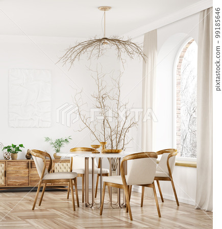 Interior design of modern dining room or living room, marble table and wooden chairs. Wooden sideboard over white wall. Home interior with arch window. 3d rendering 99185646