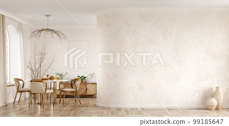 Modern interior design of apartment, dining room with table and chairs, empty living room with stucco wall, panorama 3d rendering 99185647
