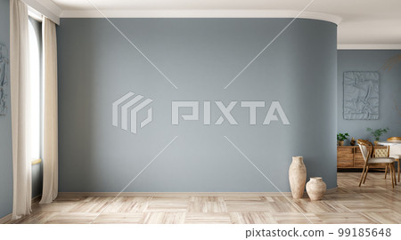 Modern interior design of apartment, empty living room with blank blue wall, dining room with table and chairs,  interior background, 3d rendering 99185648