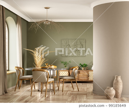 Interior design of modern dining room, marble table and wooden chairs. Wooden sideboard over green wall. Home interior with arch window. 3d rendering Interior design of modern dining room, marble table and wooden chairs. Wooden sideboard over green wall. Home interior with arch window. 3d rendering 99185649
