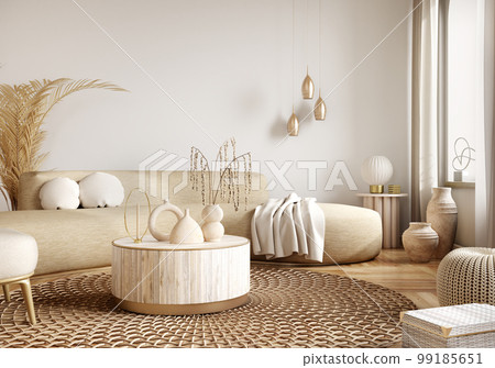 Modern interior design of apartment, living room with beige sofa over the white wall. Wooden accent coffee table. Home interior. 3d rendering 99185651