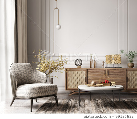Modern interior of living room with wooden sideboard and armchair. Marble coffee table on the rug. Home design. 3d rendering 99185652