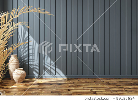 Empty room interior background, blank blue wooden paneling wall, vases and palm leaf,  3d rendering 99185654