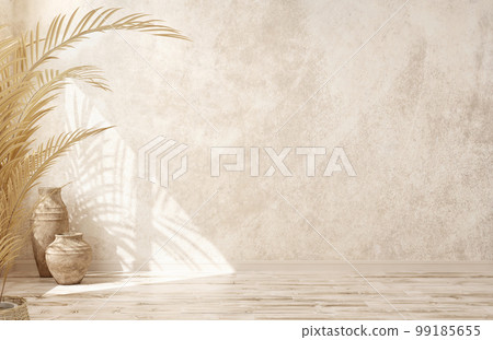 Empty room interior background, beige stucco wall, vases and palm leaf,  3d rendering 99185655