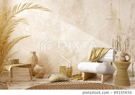 Interior design of living room with white armchair and yellow plaid. Rattan furniture in room with stucco wall. Farmhouse or boho style home interior. 3d rendering 99185656
