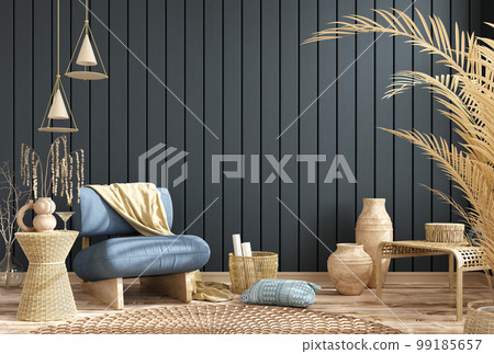 Interior design of living room with blue armchair and yellow plaid. Rattan furniture in room with paneling wall. Farmhouse or boho style home interior. 3d rendering 99185657
