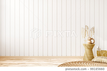 Empty room interior background, blank white paneling wall, rattan coffee table and rug, 3d rendering Empty room interior background, blank white paneling wall, rattan coffee table and rug, 3d rendering 99185660