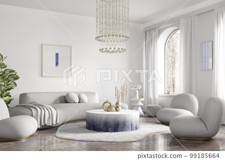 Modern interior design of luxury apartment, living room with white sofa, round armchairs. Accent coffee table and chandelier. Home interior with furry rug. 3d rendering 99185664