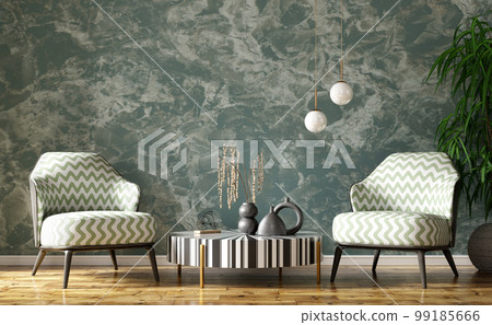 Interior of modern living room with striped accent coffee table and classical patterned armchair, stone stucco wall. Home design. 3d rendering 99185666