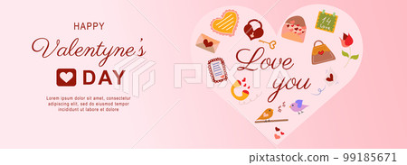 Happy Valentine day horizontal web banner. Romantic symbols for holiday, heart, love letter, padlock and key, birds, flower. Vector illustration for header website, cover templates in modern design 99185671