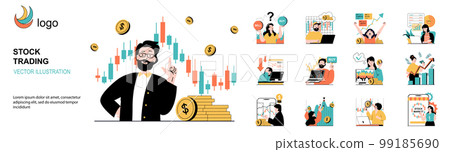 Stock trading concept with character situations collection. Bundle of scenes people making exchange market trends research, analysis, investing, making money. Vector illustrations in flat web design 99185690