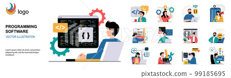 Programming software concept with character situations collection. Bundle of scenes people write, test and optimize code, work with different program languages. Vector illustrations in flat web design 99185695