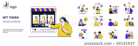 NFT token concept with character situations collection. Bundle of scenes people create art workshops, sell at online auctions, buy art for cryptocurrency. Vector illustrations in flat web design 99185697