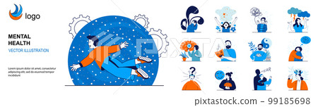 Mental health concept with character situations collection. Bundle of scenes people with depression, consult psychologist or psychotherapist, emotion and mind. Vector illustrations in flat web design Mental health concept with character situations collection. Bundle of scenes people with depression, consult psychologist or psychotherapist, emotion and mind. Vector illustrations in flat web design 99185698