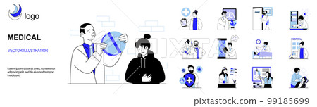 Medical concept with character situations collection. Bundle of scenes people receive medication treatment, visit doctor, vaccination, diagnostics in clinic. Vector illustrations in flat web design 99185699