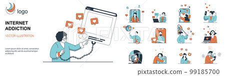 Internet addiction concept with character situations collection. Bundle of scenes people chained to gadgets, excessive internet surfing, bad habit and problems. Vector illustrations in flat web design 99185700