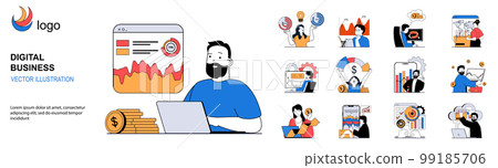 Digital business concept with character situations collection. Bundle of scenes people create strategy, make advertising, promote online, e-commerce shopping. Vector illustrations in flat web design Digital business concept with character situations collection. Bundle of scenes people create strategy, make advertising, promote online, e-commerce shopping. Vector illustrations in flat web design 99185706