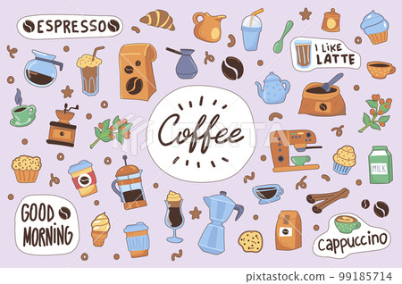 Coffee cute stickers set in flat cartoon design. Collection of cappuccino, machine, cup, cezve, latte, good morning, espresso, cupcake and other. Vector illustration for planner or organizer template 99185714