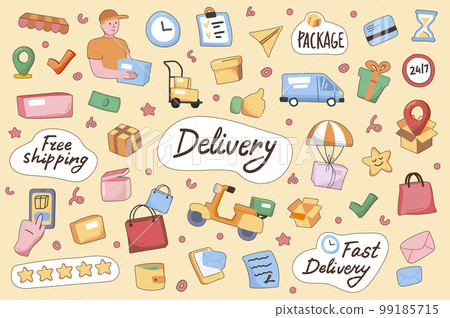 Delivery cute stickers set in flat cartoon design. Collection of courier, truck, motorcycle, package, parcel, bag, order, free shipping and other. Vector illustration for planner or organizer template 99185715