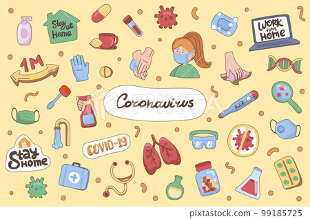Coronavirus cute stickers set in flat cartoon design. Collection of stay home, medical mask, lungs, covid-19, doctor, wash hands, pills and other. Vector illustration for planner or organizer template Coronavirus cute stickers set in flat cartoon design. Collection of stay home, medical mask, lungs, covid-19, doctor, wash hands, pills and other. Vector illustration for planner or organizer template 99185725