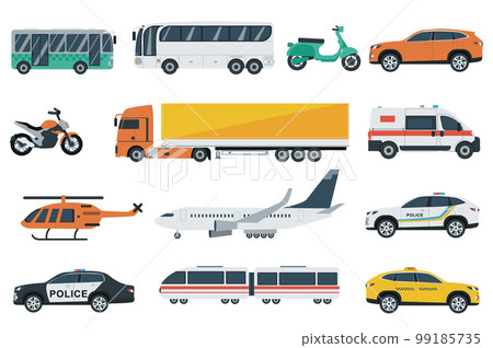 Transports set graphic elements in flat design. Bundle of bus, motorbike, car, motorcycle, truck, ambulance, helicopter, plane, police, train and other. Vector illustration isolated objects 99185735