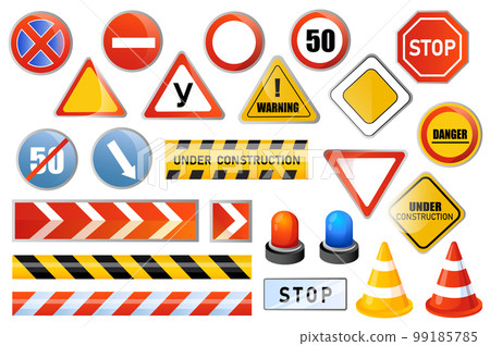 Road signs set graphic elements in flat design. Bundle of stop, speed limit, warning, danger, detour, under construction, traffic, direction and other symbols. Vector illustration isolated objects Road signs set graphic elements in flat design. Bundle of stop, speed limit, warning, danger, detour, under construction, traffic, direction and other symbols. Vector illustration isolated objects 99185785