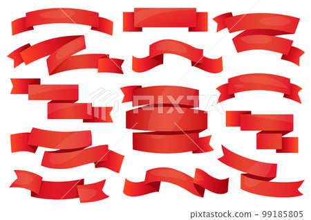 Red ribbons and badges set graphic elements in flat design. Bundle of empty cartoon swirl and curve celebration banners and price tags with empty message space. Vector illustration isolated objects Red ribbons and badges set graphic elements in flat design. Bundle of empty cartoon swirl and curve celebration banners and price tags with empty message space. Vector illustration isolated objects 99185805
