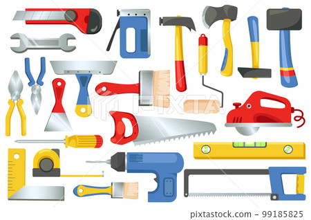 Building and repair tools set graphic elements in flat design. Bundle of hammer, paint roller, axe, tape measure, brush, wrench, pliers, screwdriver, saw and other.Vector illustration isolated objects 99185825