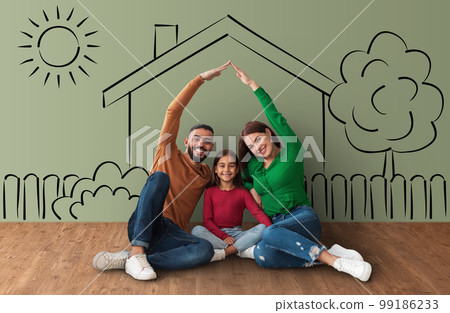 Cheerful mixed race family enjoying their new apartment, collage 99186233