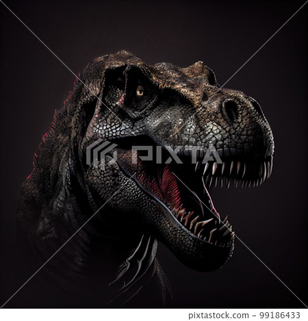 T-rex dinosaur portrait on dark studio background 99186433