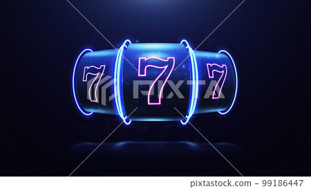3d render Neon slot machine hit jackpot 777 99186447