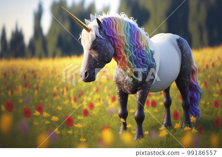 A knitted unicorn with a multicolored mane. Ai generative. 99186557