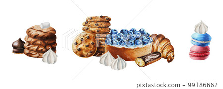 Watercolor set of compositions with macaroons, biscuits, marshmallows in chocolate, meringue, eclair, croissant, cholocate cookies.. For designers, menu, shop, bar, bistro, restaurant, for postcards Watercolor set of compositions with macaroons, biscuits, marshmallows in chocolate, meringue, eclair, croissant, cholocate cookies.. For designers, menu, shop, bar, bistro, restaurant, for postcards 99186662
