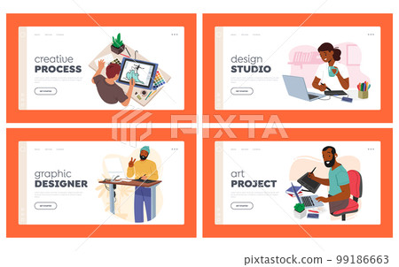 Graphic Designers at Work Landing Page Template Set. Creative Male and Female Characters Passionate About Design Graphic Designers at Work Landing Page Template Set. Creative Male and Female Characters Passionate About Design 99186663