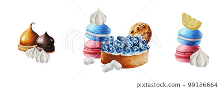 Watercolor set of compositions with lemon tart, biscuits, marshmallows in chocolate, meringue, blueberry tartlet, cholocate cookies, macaroons. Hand painting sweet on a white isolated background. For Watercolor set of compositions with lemon tart, biscuits, marshmallows in chocolate, meringue, blueberry tartlet, cholocate cookies, macaroons. Hand painting sweet on a white isolated background. For 99186664