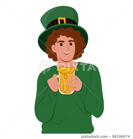 Happy St. Patrick's Day. Young happy Irish woman celebrating St. Patrick's Day and holding a mug of beer in her hands. Vector flat illustration isolated on white. Happy St. Patrick's Day. Young happy Irish woman celebrating St. Patrick's Day and holding a mug of beer in her hands. Vector flat illustration isolated on white. 99186674